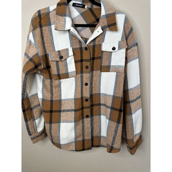 Automet Womens Brown Shacket Medium Plaid collared button up Nylon long sleeve - Picture 2 of 9